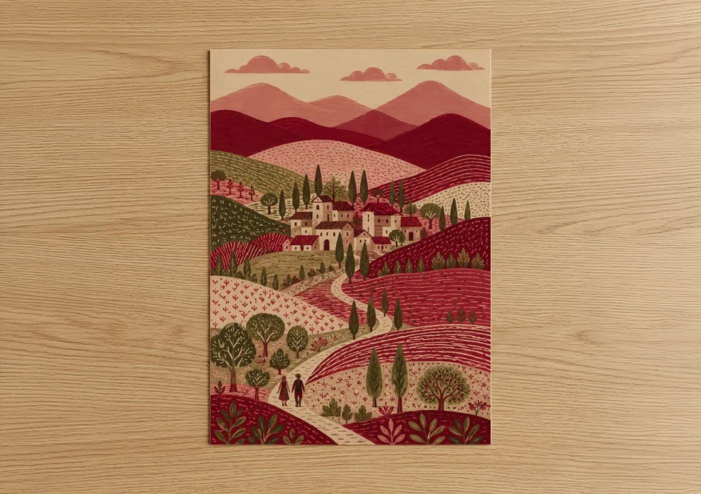 Art print on warm oak wood — maroon and peach palette — Tuscan Village Rolling Hills Landscape Wall Art poster