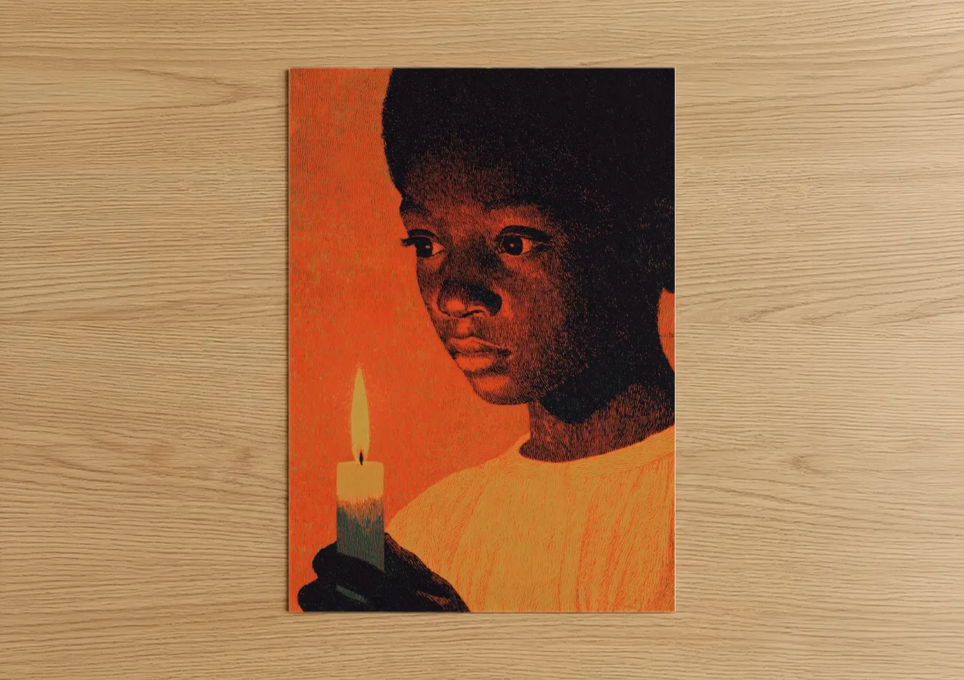 Art print on warm oak wood — orange and black palette — Kwanzaa Candlelight poster