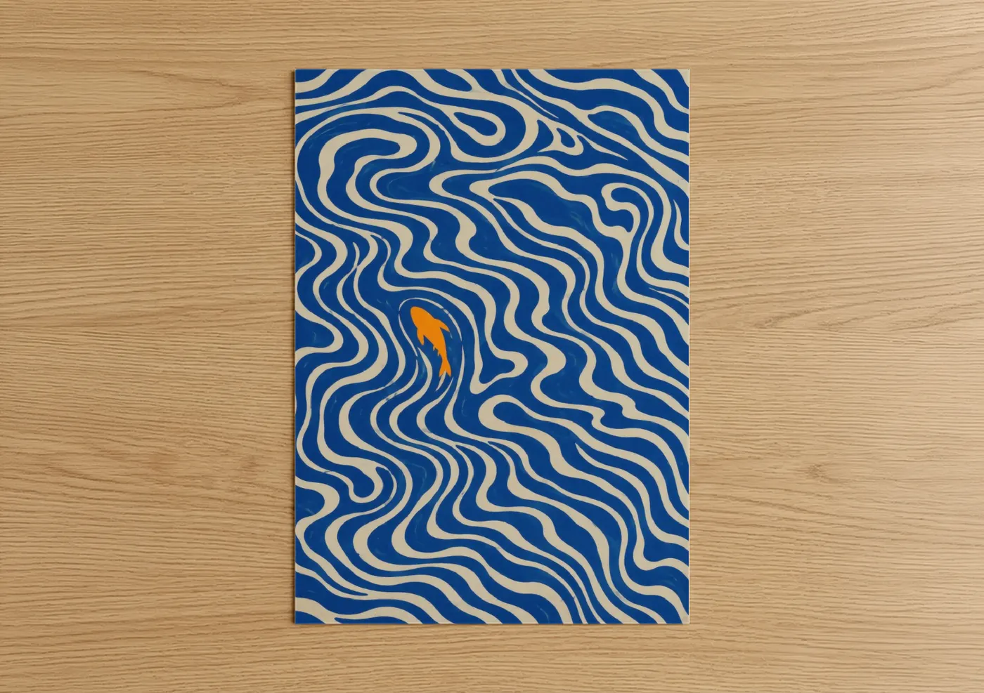 Abstract geometric art print on warm oak wood — royal blue and orange palette — Blue Wave Pattern Abstract Wall Art poster