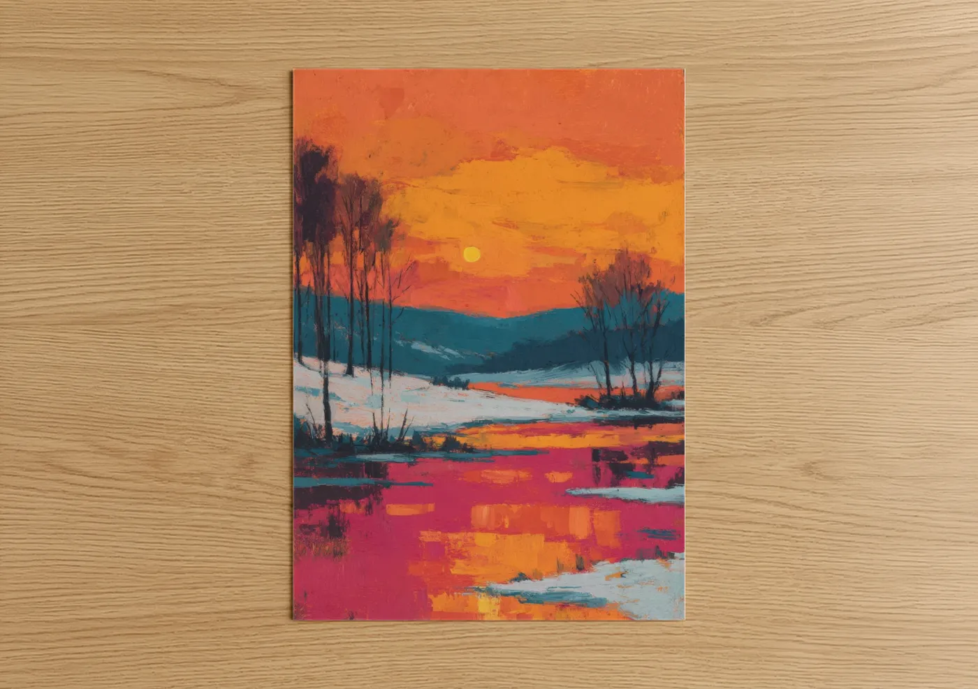 Winter art print on warm oak wood — orange and blue palette — Snowy Sunset Reflection poster