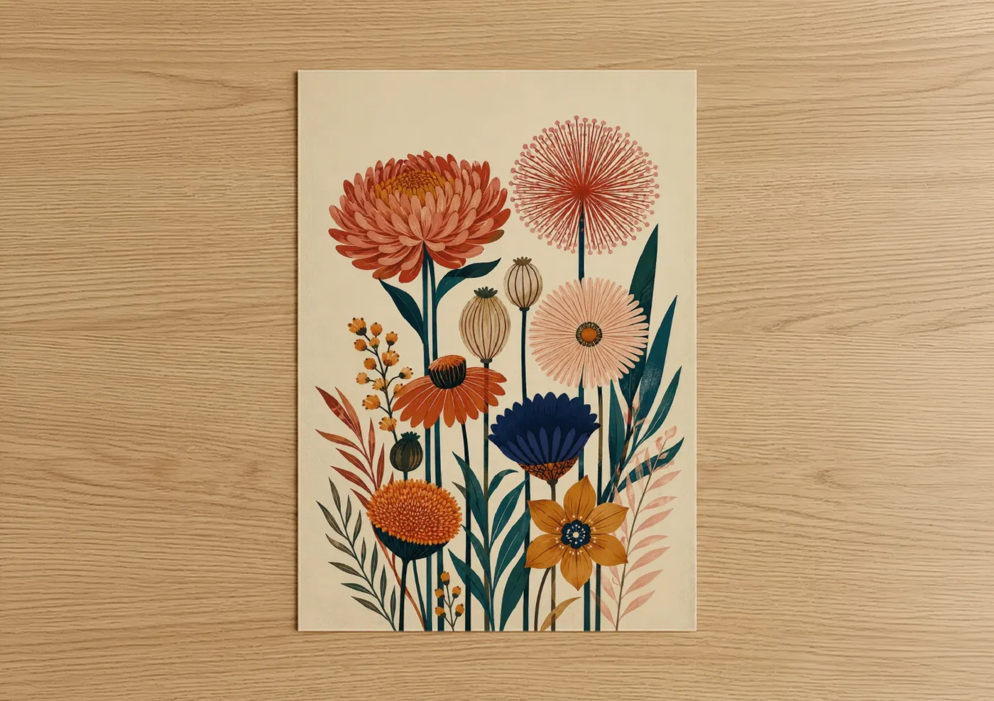 Flower art print on warm oak wood — peach and cream palette — Botanical Garden Blooms Wall Art poster