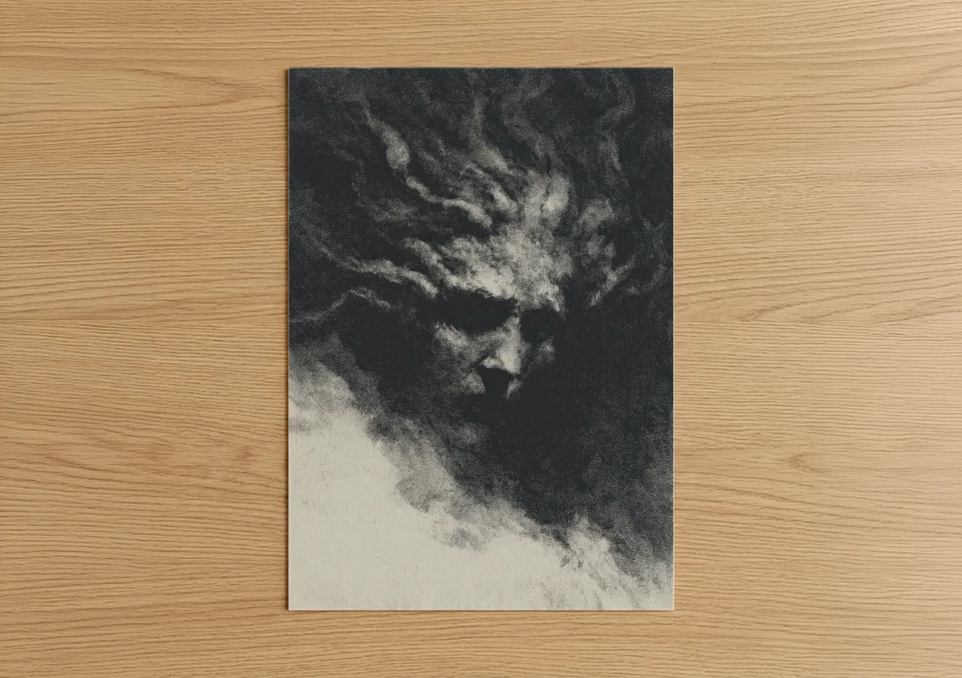 Art print on warm oak wood — black and white and gray palette — Ethereal Medusa poster