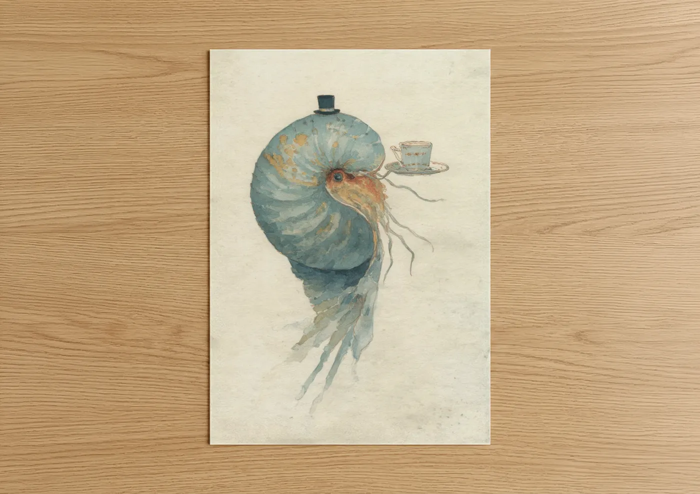 Art print on warm oak wood — teal and cream palette — Gentleman Nautilus poster