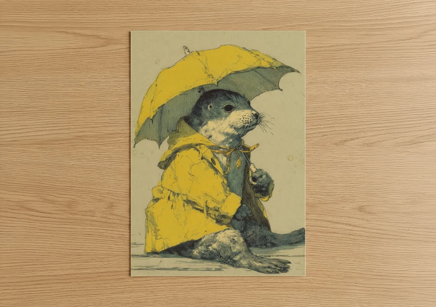 Art print on warm oak wood — yellow and cream palette — Rainy Day Seal poster