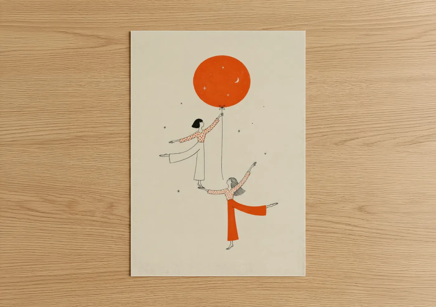 Art print on warm oak wood — orange and beige palette — Dreamy Moon Balloon Minimalist Wall Art poster