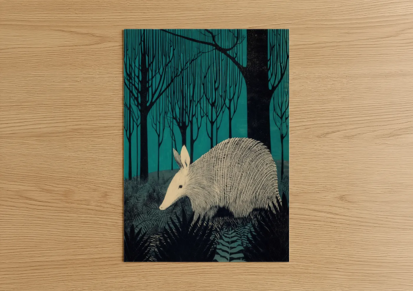 Art print on warm oak wood — teal and black and white palette — Twilight Aardvark poster