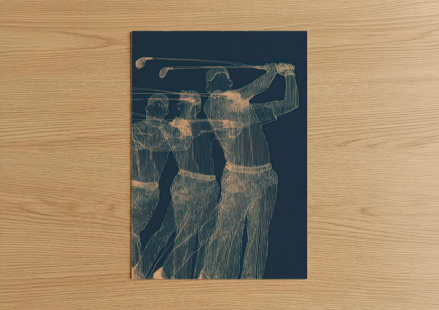 Art print on warm oak wood — dark blue and gold palette — Golden Golfers Swing poster