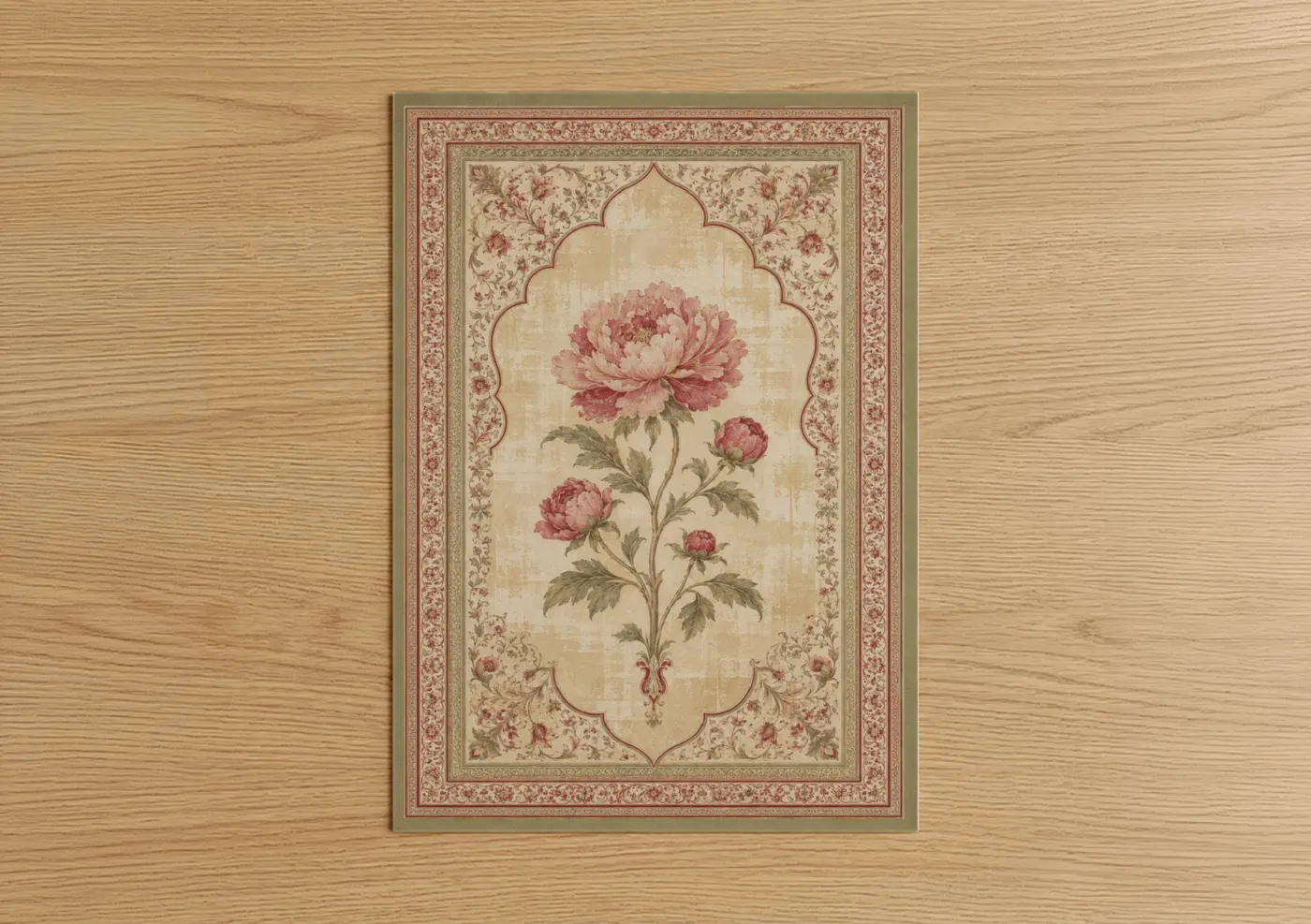 Art print on warm oak wood — beige and salmon pink palette — Vintage Peony Floral Wall Art poster