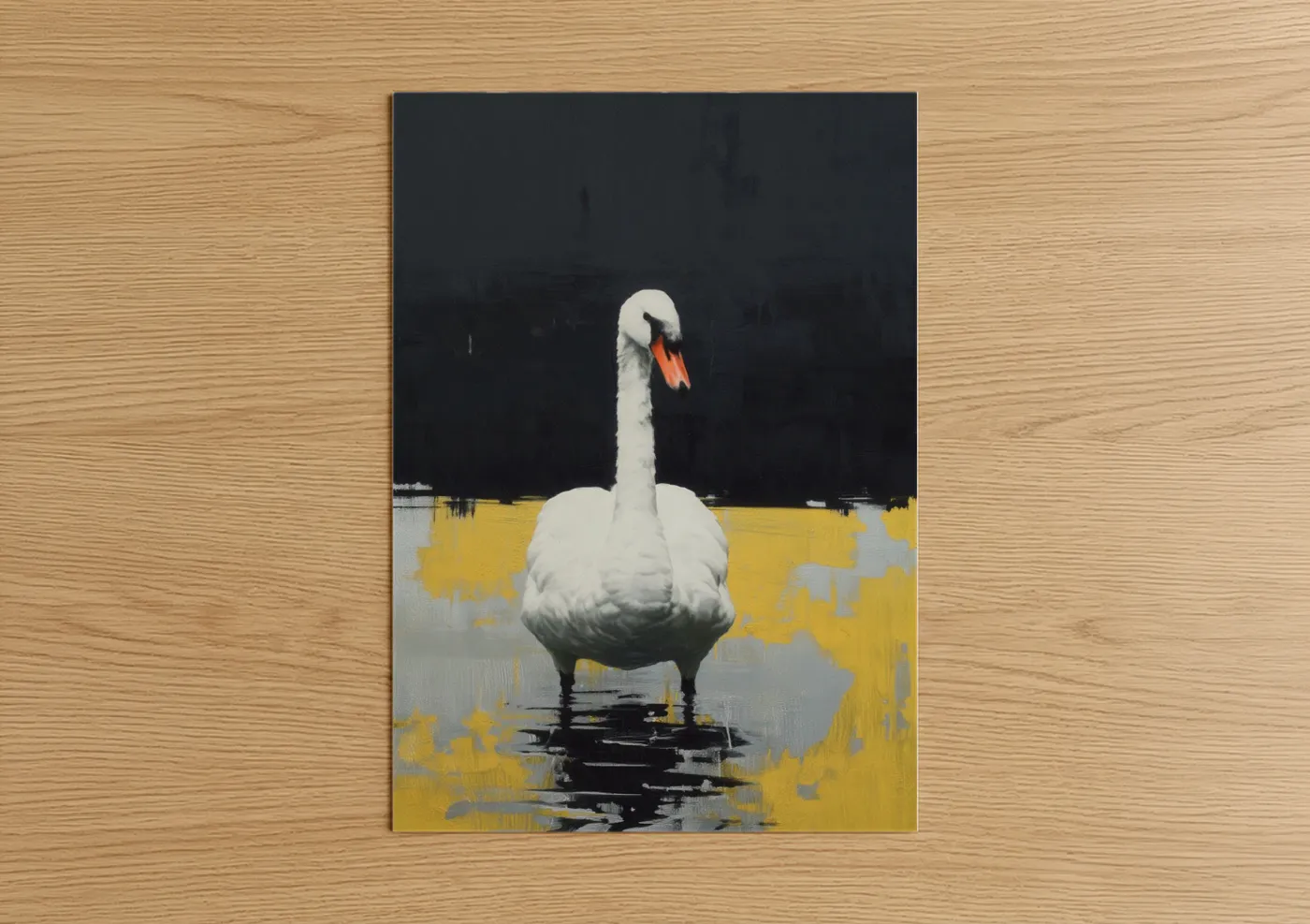 Art print on warm oak wood — yellow gold and black and white palette — Solitude Swan poster
