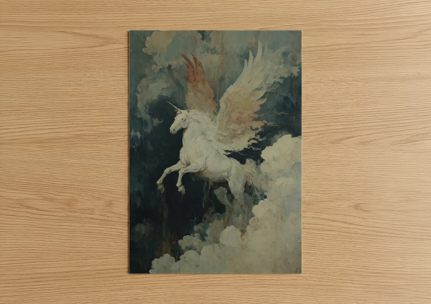 Art print on warm oak wood — white and dove gray palette — Celestial Pegasus poster