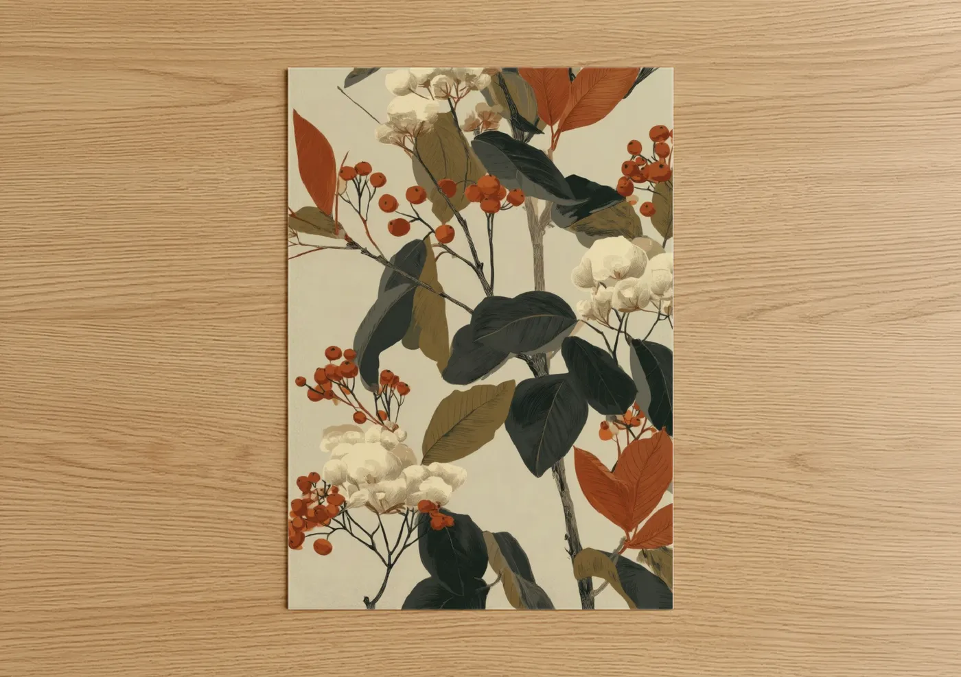 Fruit trees art print on warm oak wood — cream and russet palette — Autumn Berries poster