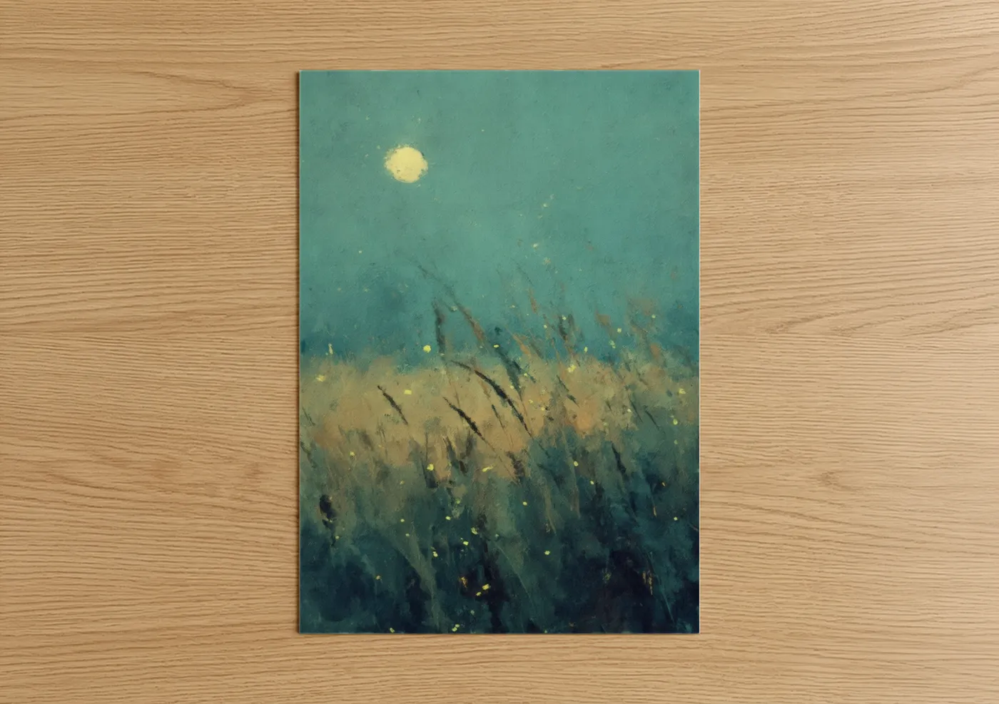 Art print on warm oak wood — teal and gold palette — Moonlit Fireflies poster