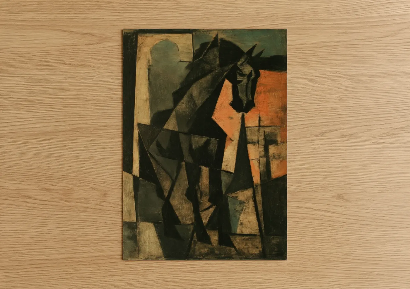 Friesian horse art print on warm oak wood — black and olive palette — Cubist Friesian poster