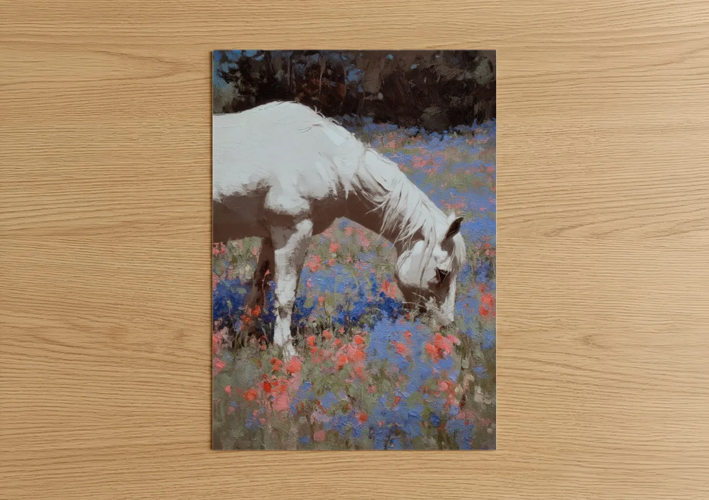 Art print on warm oak wood — blue and pink palette — Grazing Quarter Horse poster