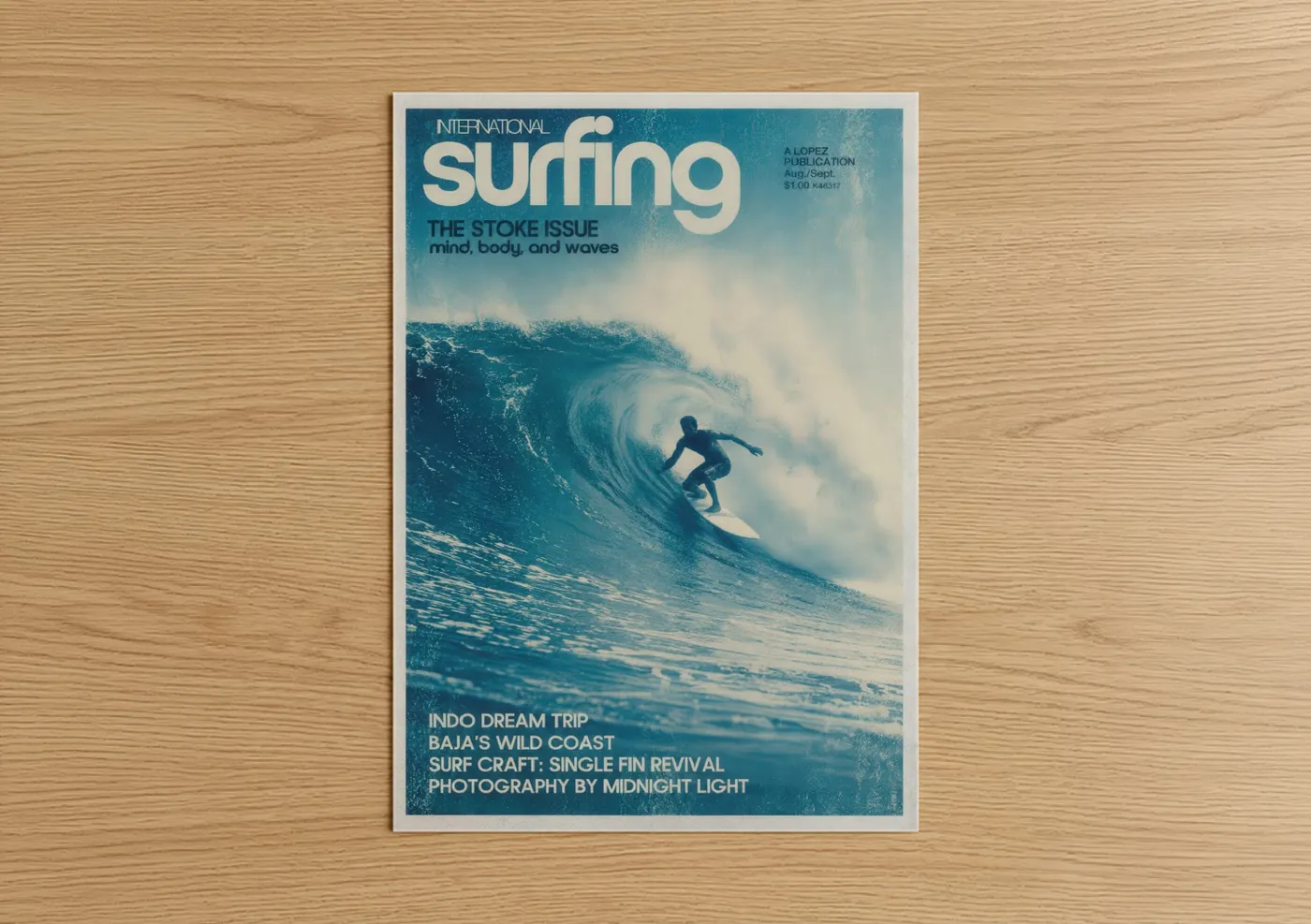 Art print on warm oak wood — blue and turquoise palette — Vintage Surfing Magazine Cover Wall Art poster