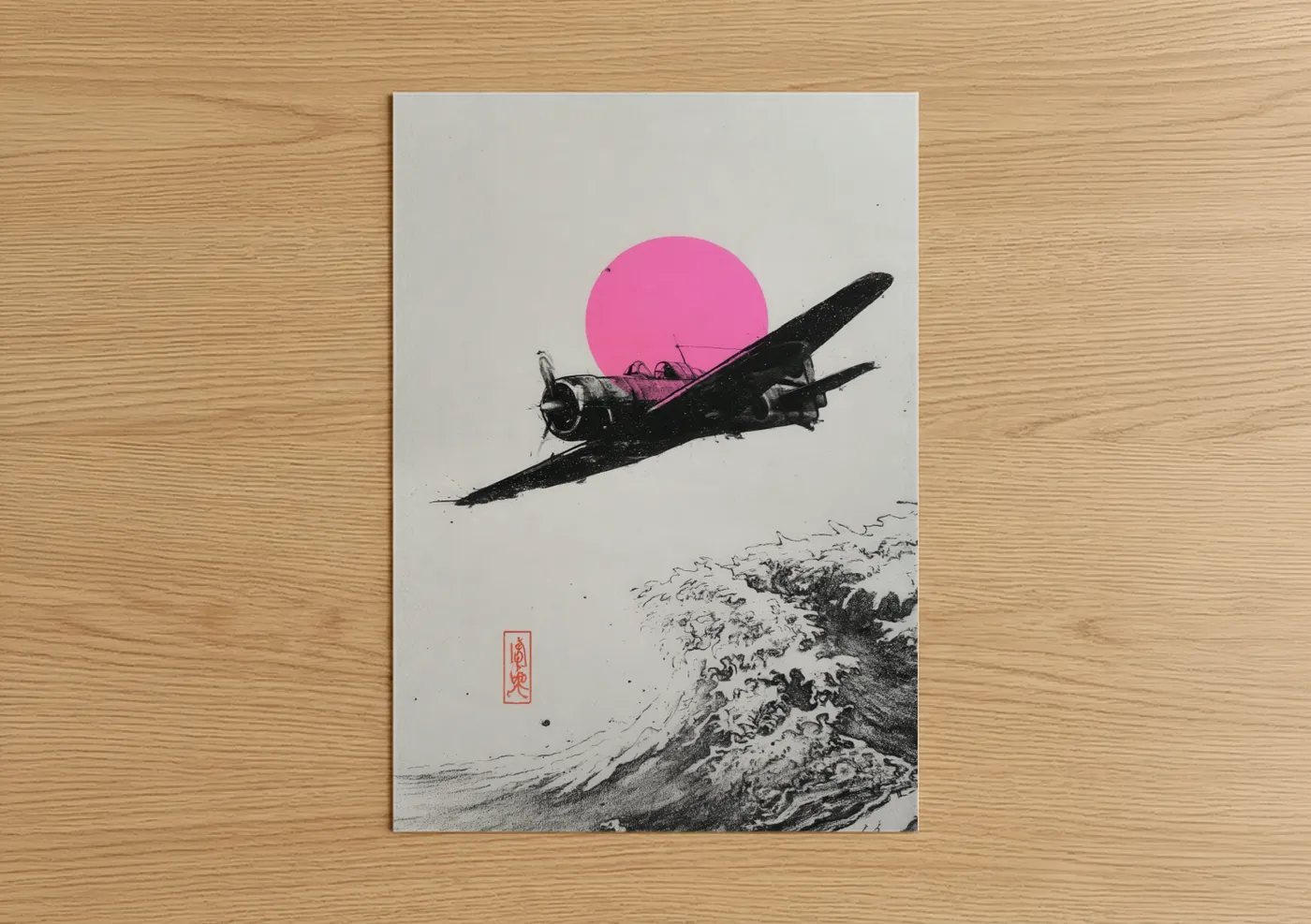 Vintage airplane art print on warm oak wood — magenta and black and white palette — Crimson Sky Bomber poster