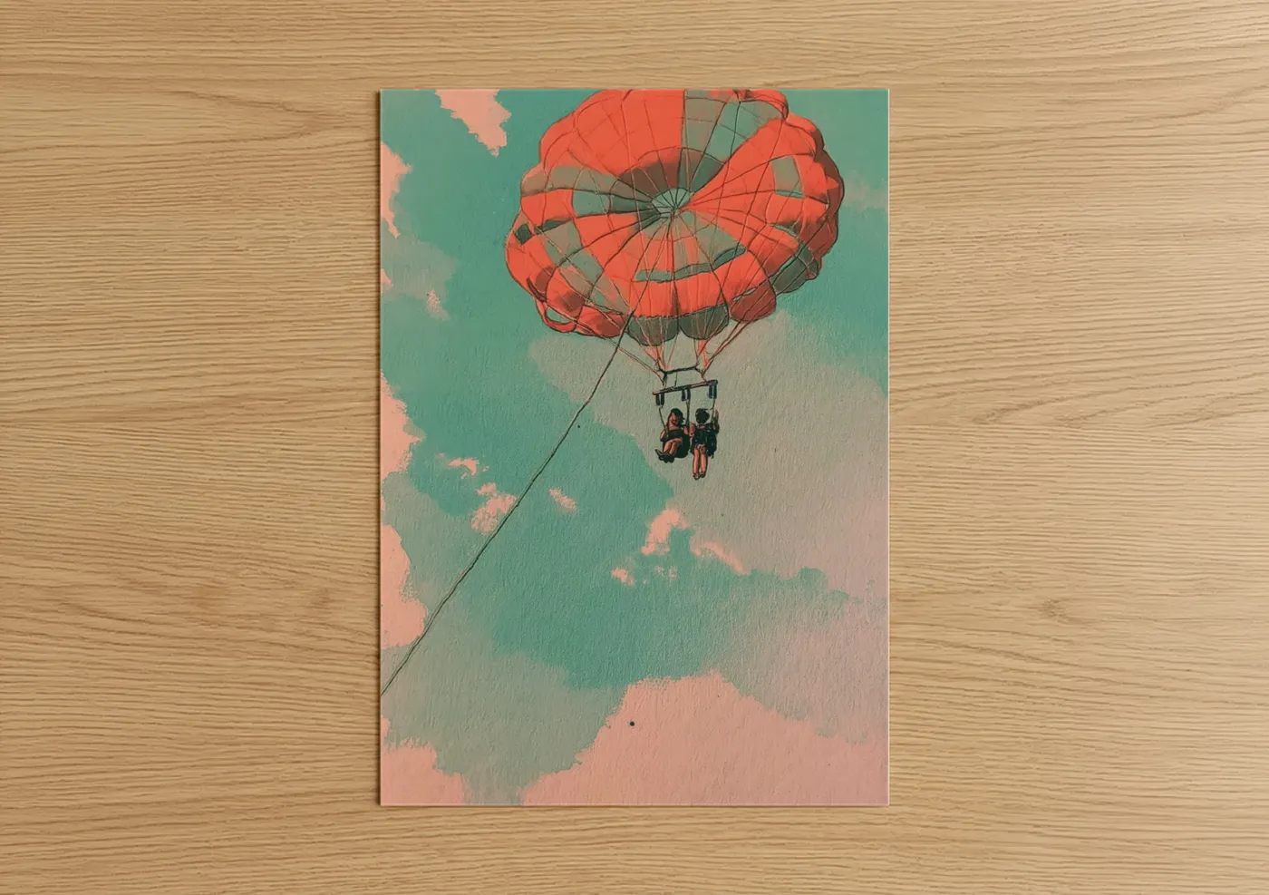 Art print on warm oak wood — teal and salmon pink palette — Coral Sky Parasailing poster