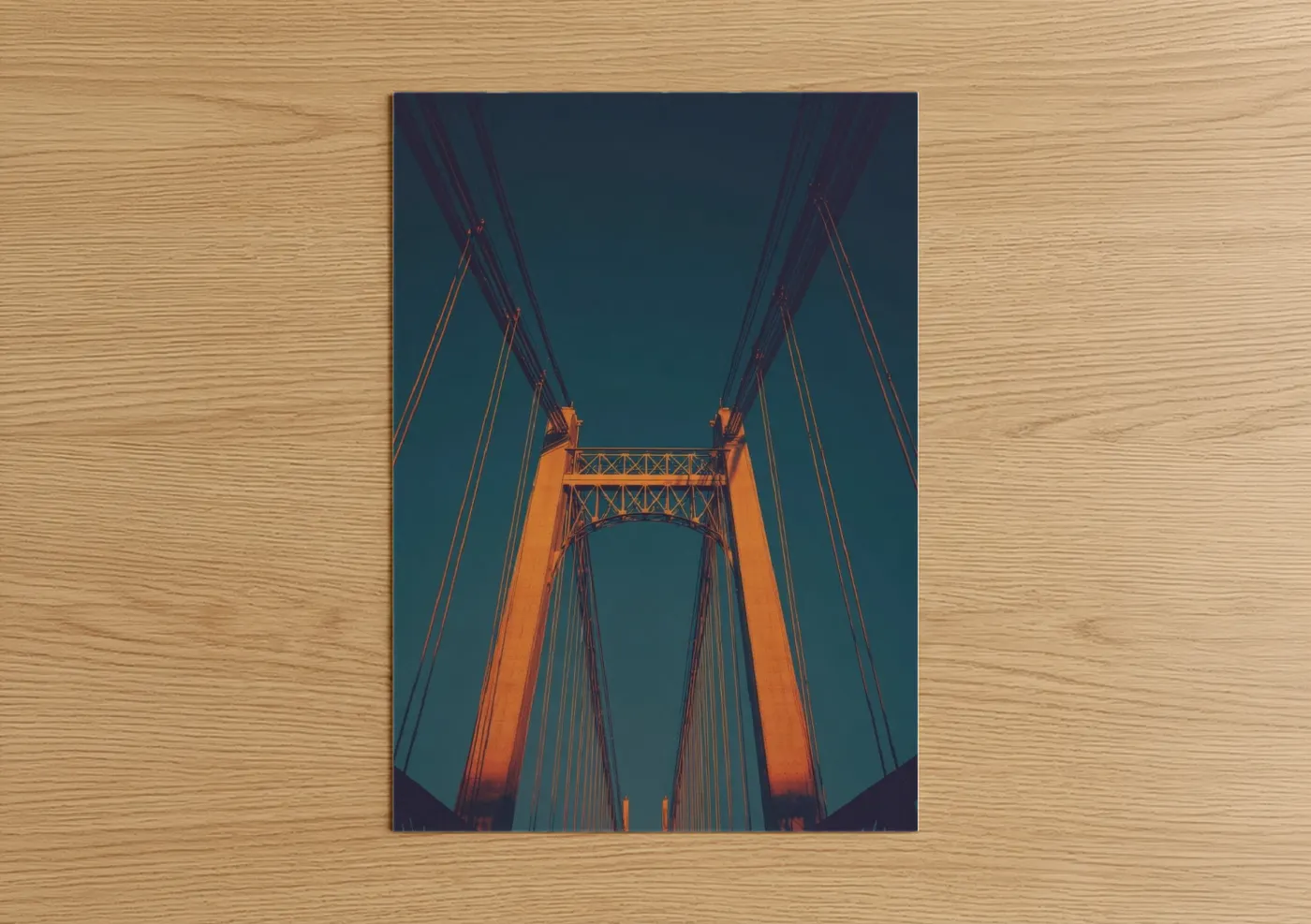 Bridges art print on warm oak wood — gold and blue palette — Golden Suspension Bridge poster