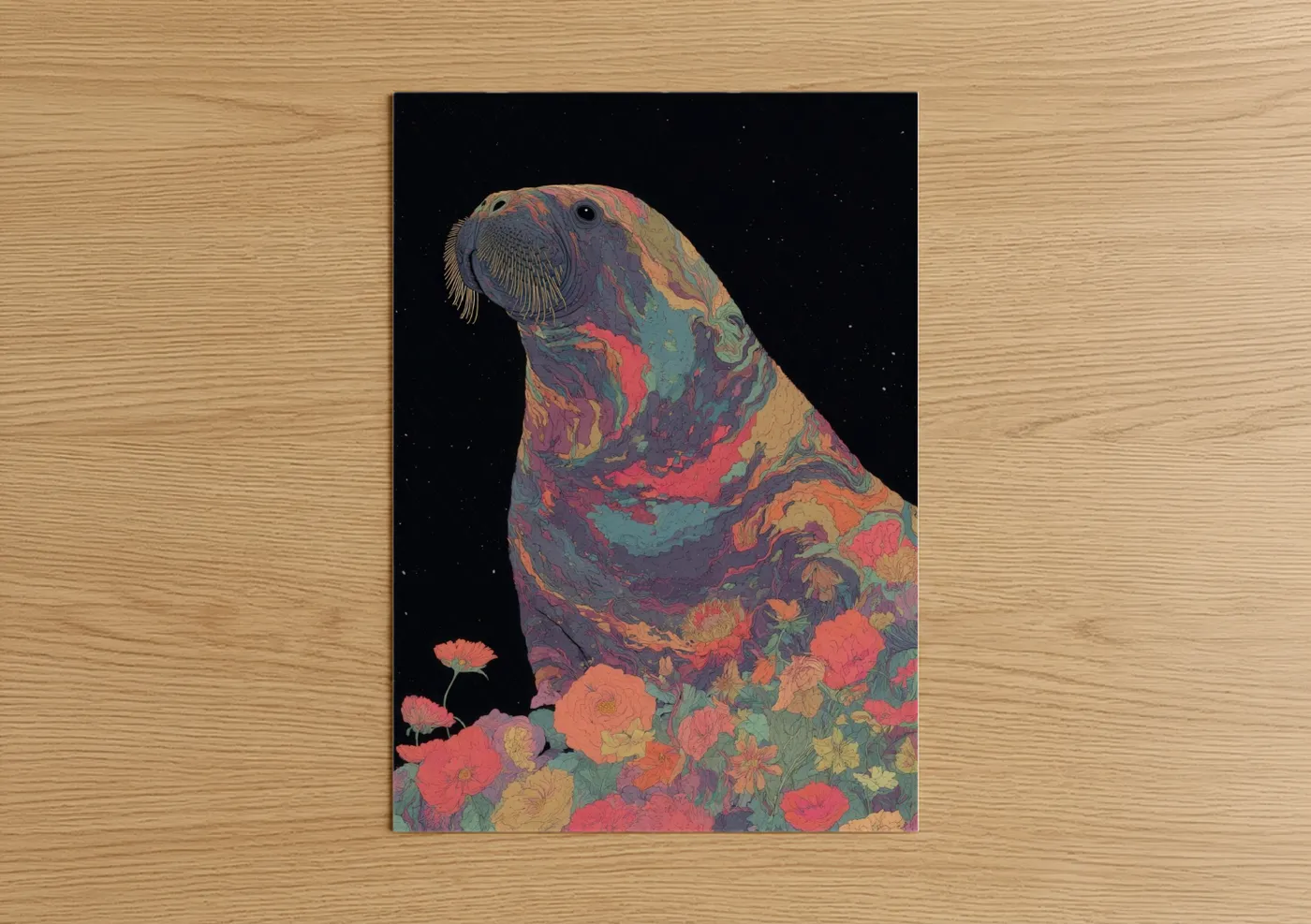 Art print on warm oak wood — gold and teal palette — Cosmic Walrus poster