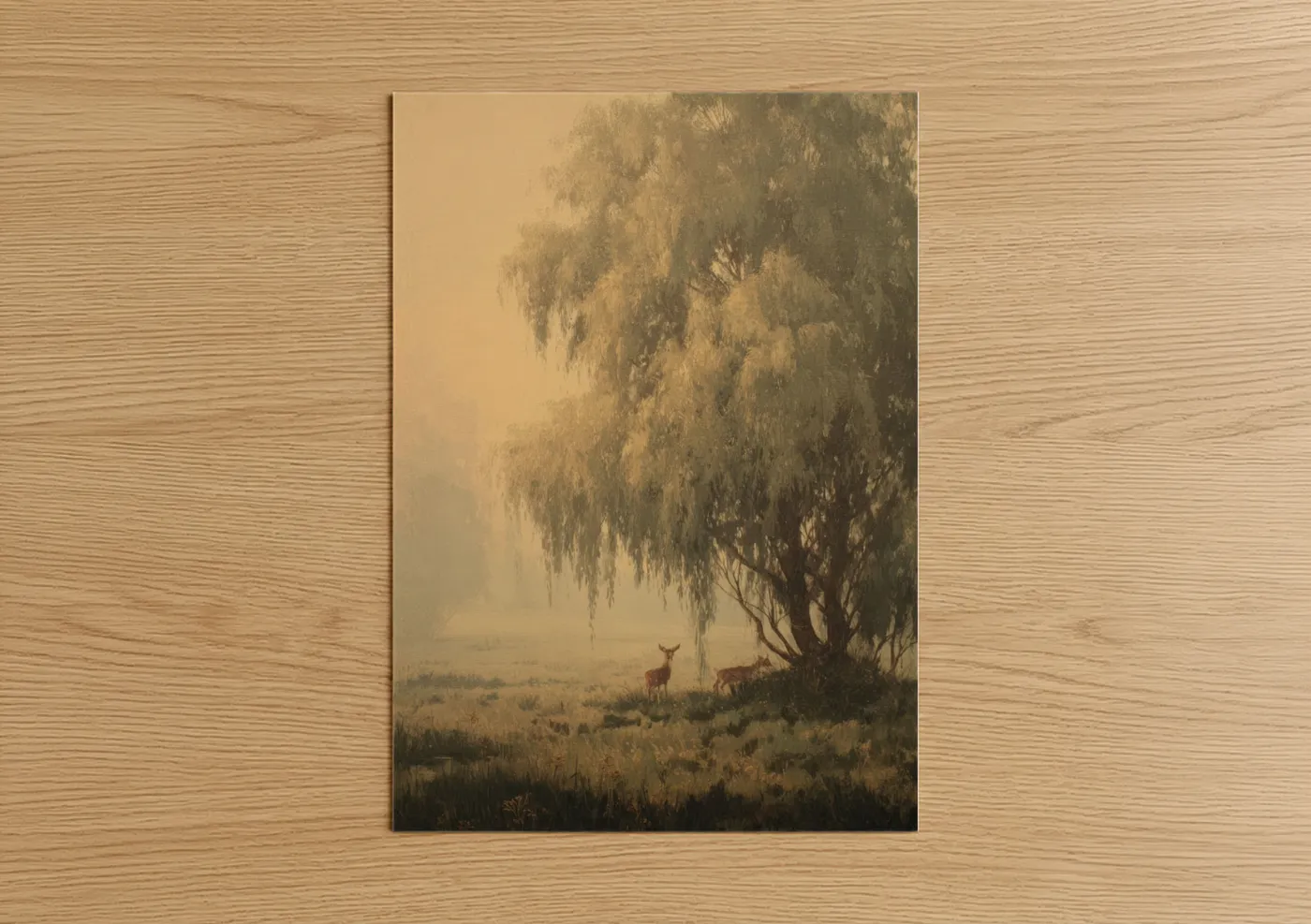 Willow forest art print on warm oak wood — gold and sage green palette — Misty Willow Morning poster