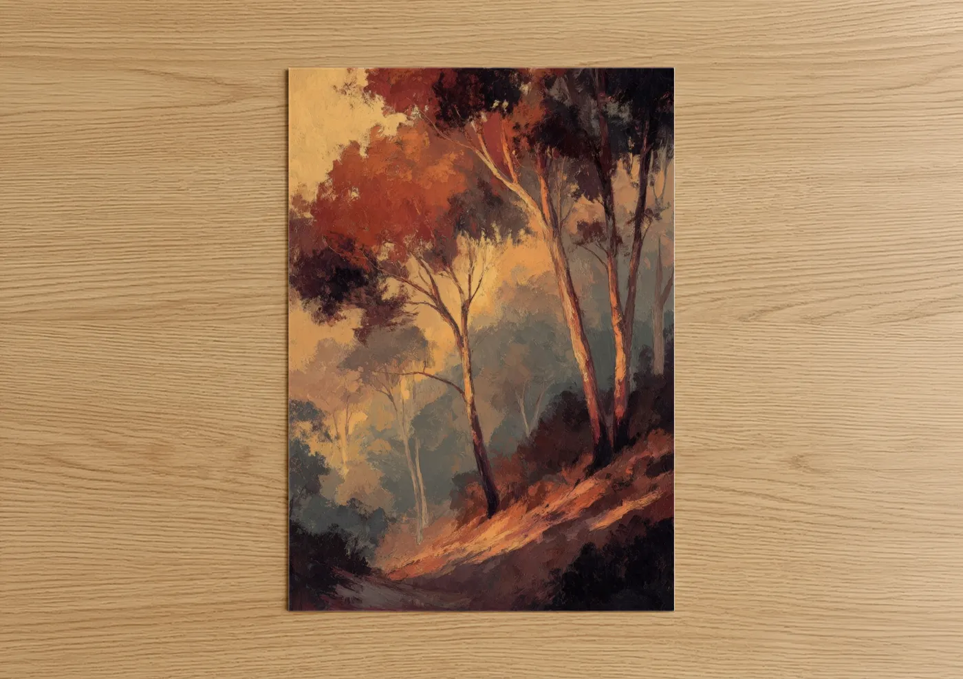 Art print on warm oak wood — gold and russet palette — Golden Eucalyptus Forest poster