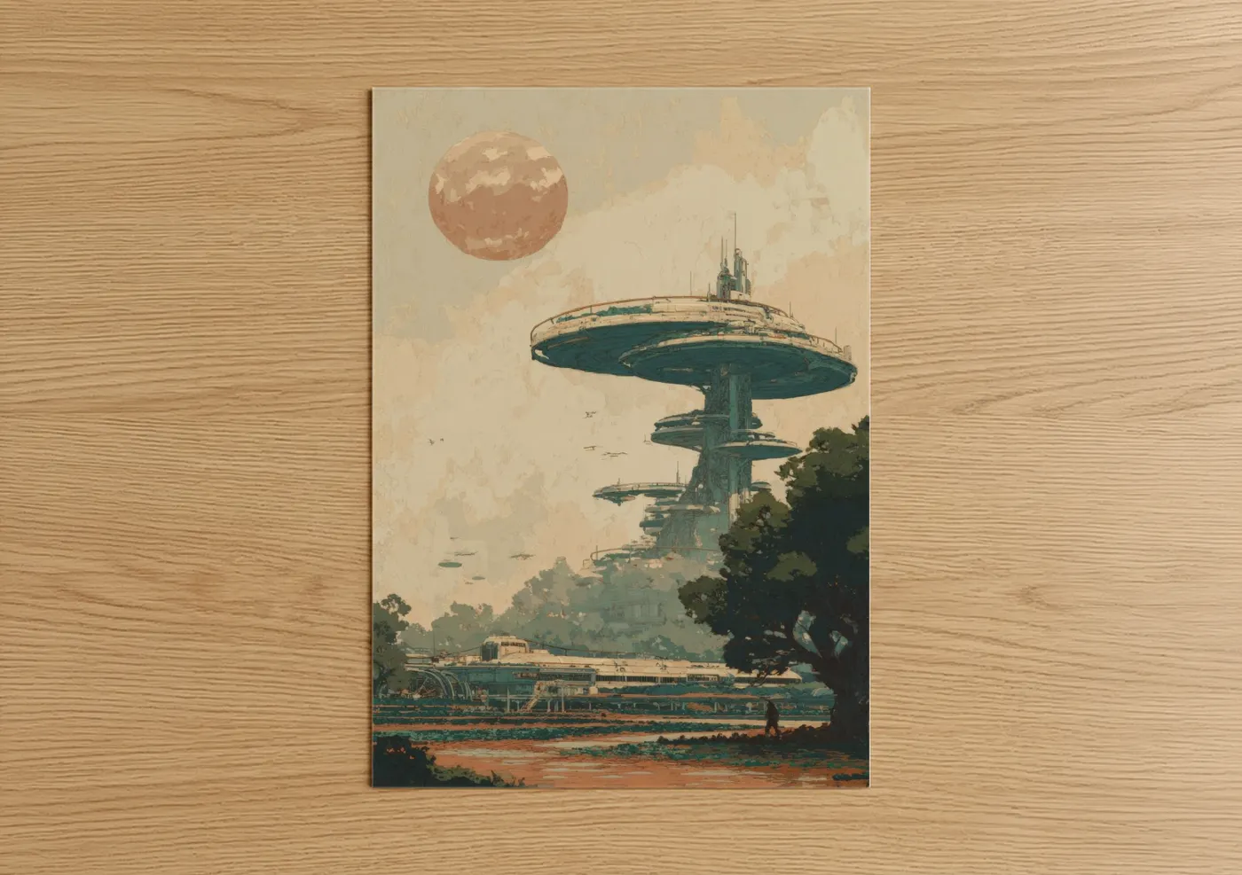 Sci-fi art print on warm oak wood — champagne gold and teal palette — Retro Spaceship Station poster