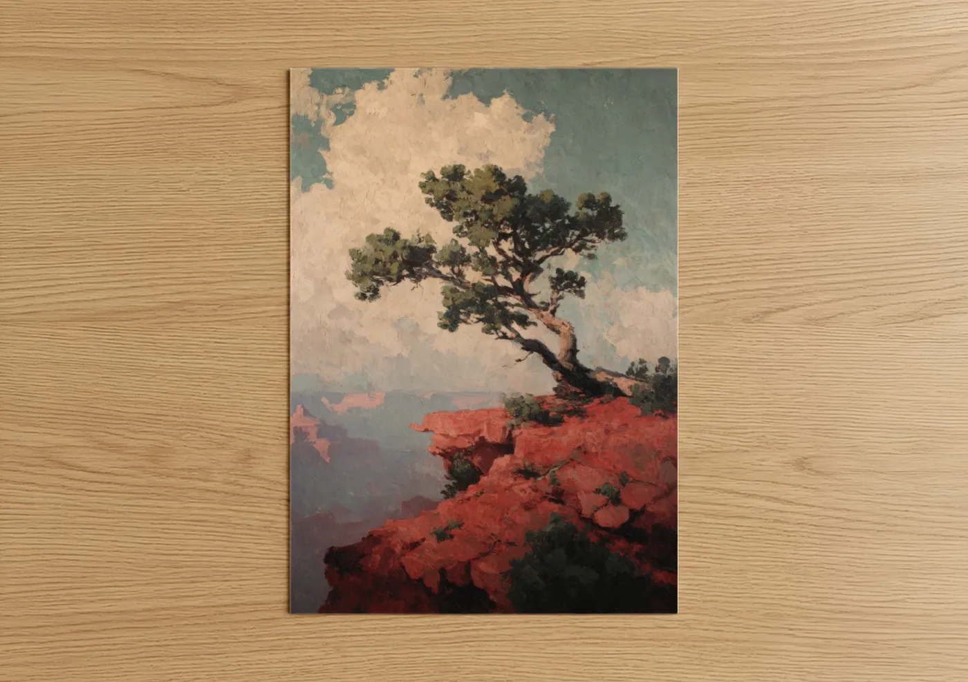 Juniper tree art print on warm oak wood — russet and dove gray palette — Clifftop Juniper poster