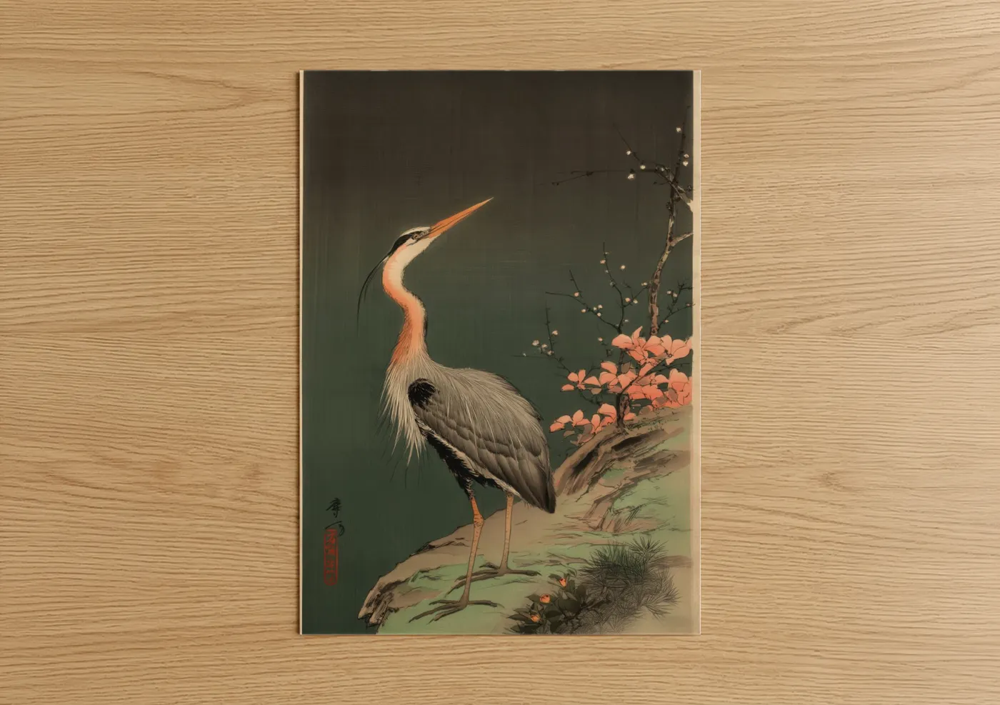 Crimson Heron Japanese Woodblock Wall Art