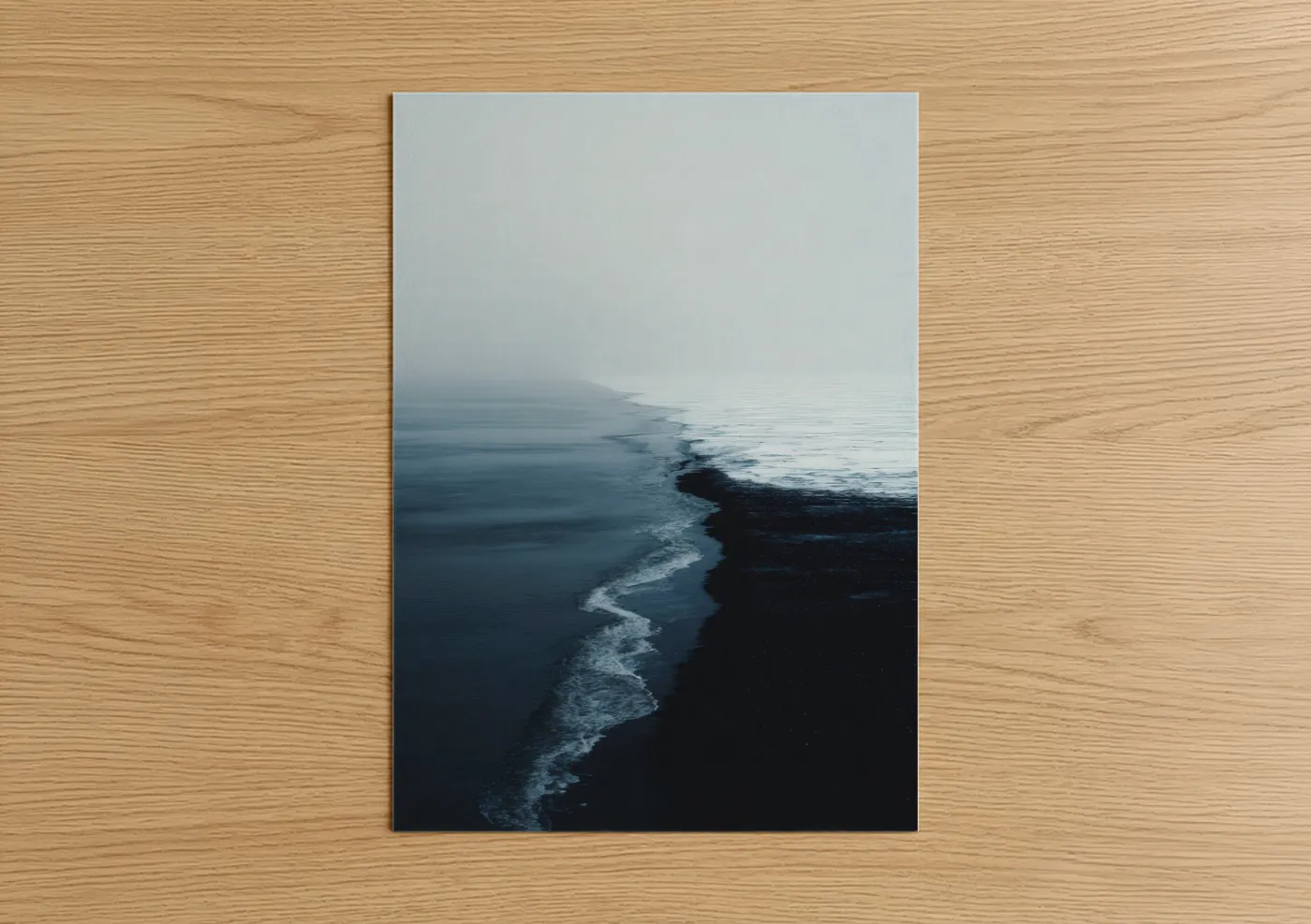 Art print on warm oak wood — gray and white and dark blue palette — Misty Glacier Shore poster