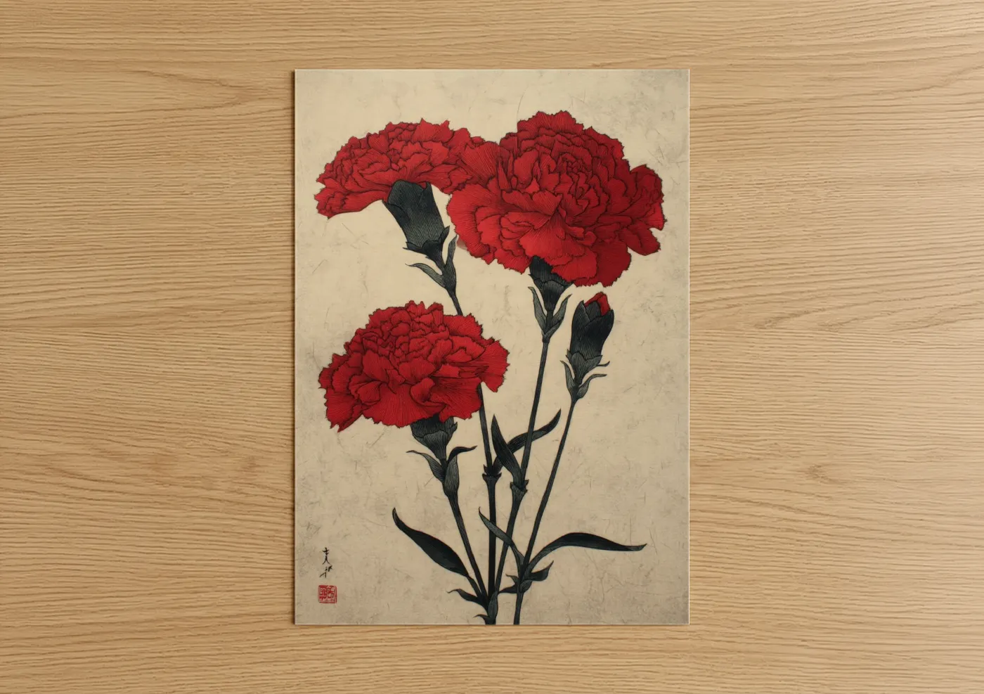 Crimson Carnations Botanical Art Print Wall Art
