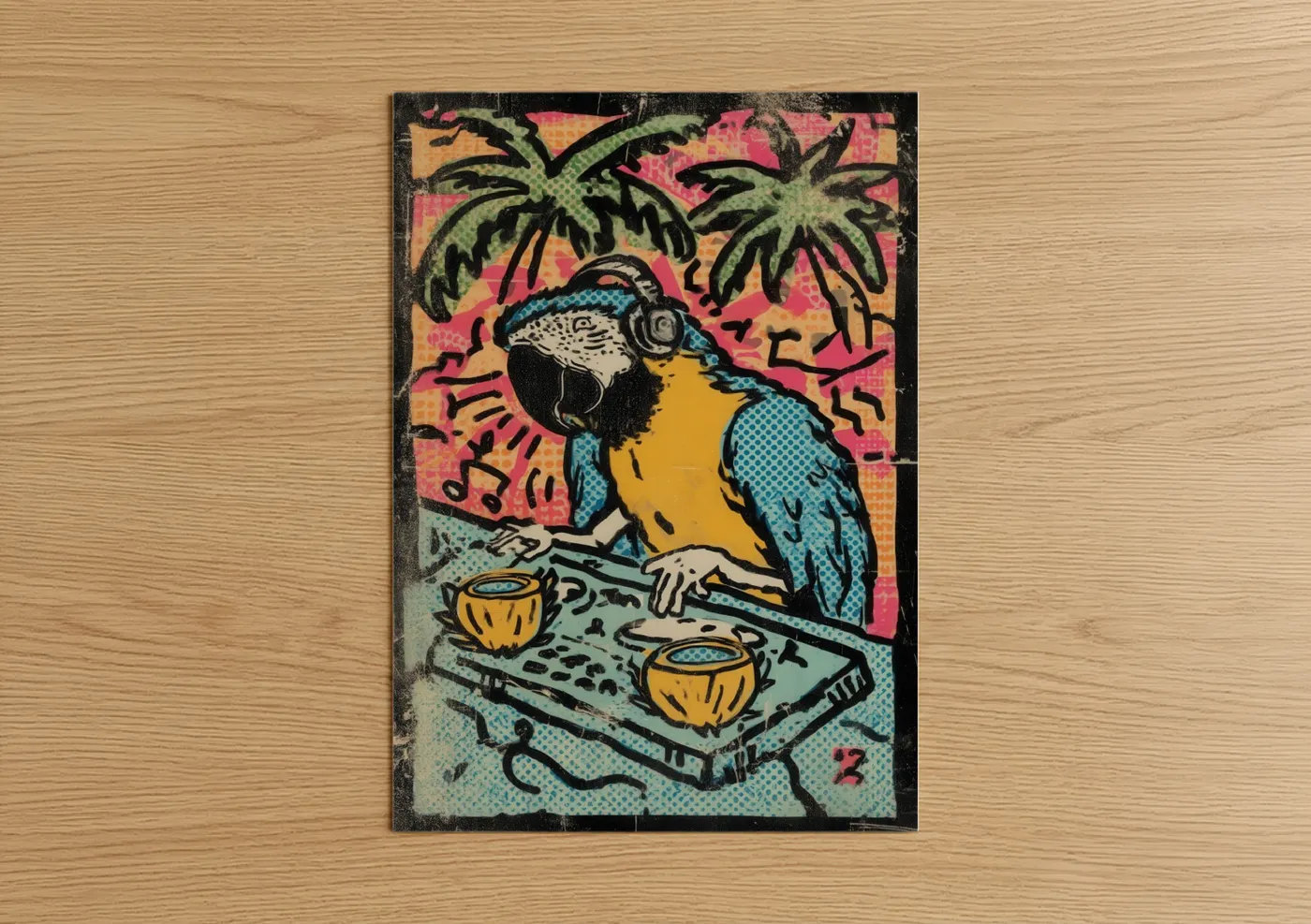 Art print on warm oak wood — blue and pink palette — DJ Macaw poster