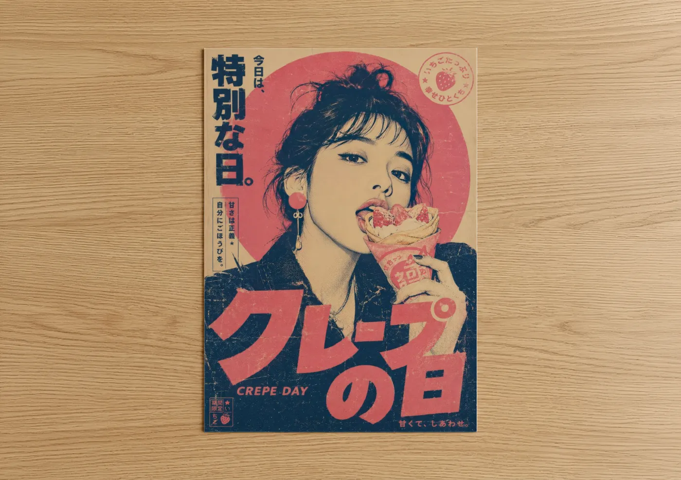 Fashion illustration art print on warm oak wood — pink and beige palette — Japanese Retro Crepe Advertisement Wall Art poster
