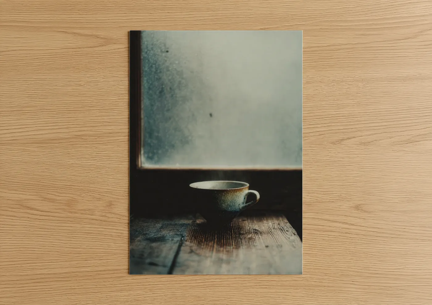Art print on warm oak wood — gray and white and dove gray palette — Misty Window Tea poster