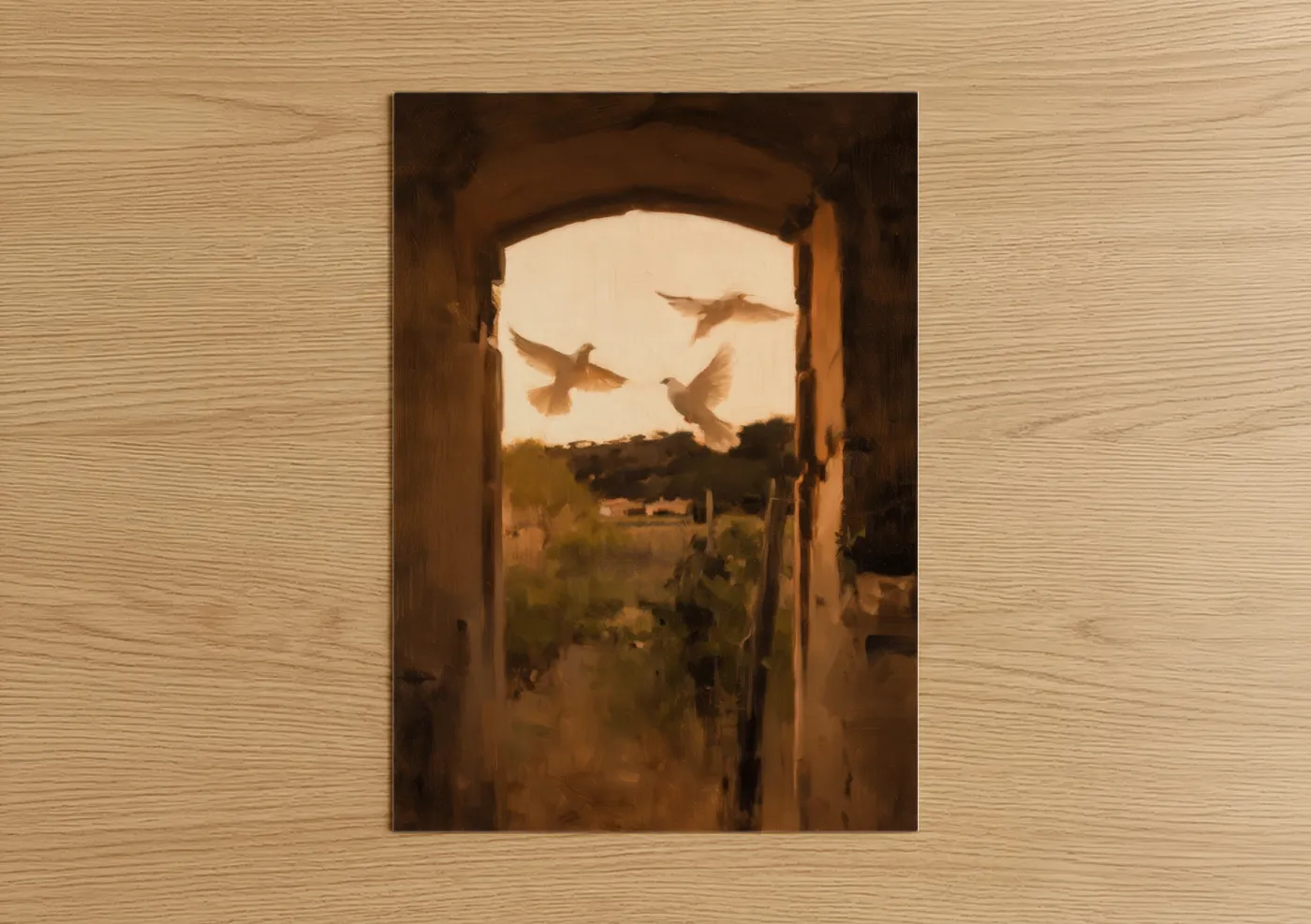Golden Doves in Warm Doorway Light Wall Art