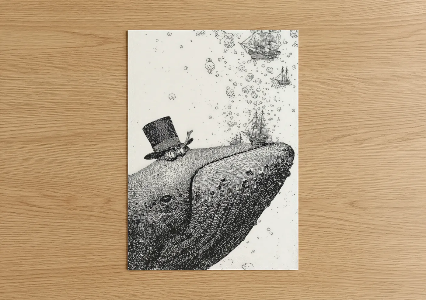 Whimsical Sperm Whale Top Hat Illustration Wall Art
