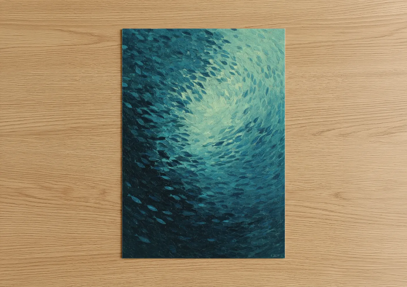 Snorkeling art print on warm oak wood — teal and turquoise palette — Ocean Awakening poster