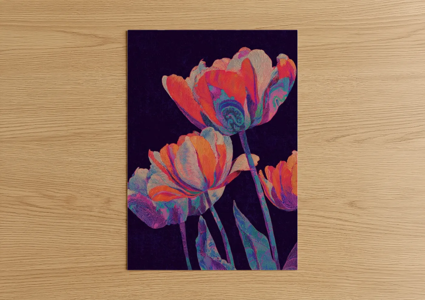 Art print on warm oak wood — magenta and blue palette — Neon Tulips poster