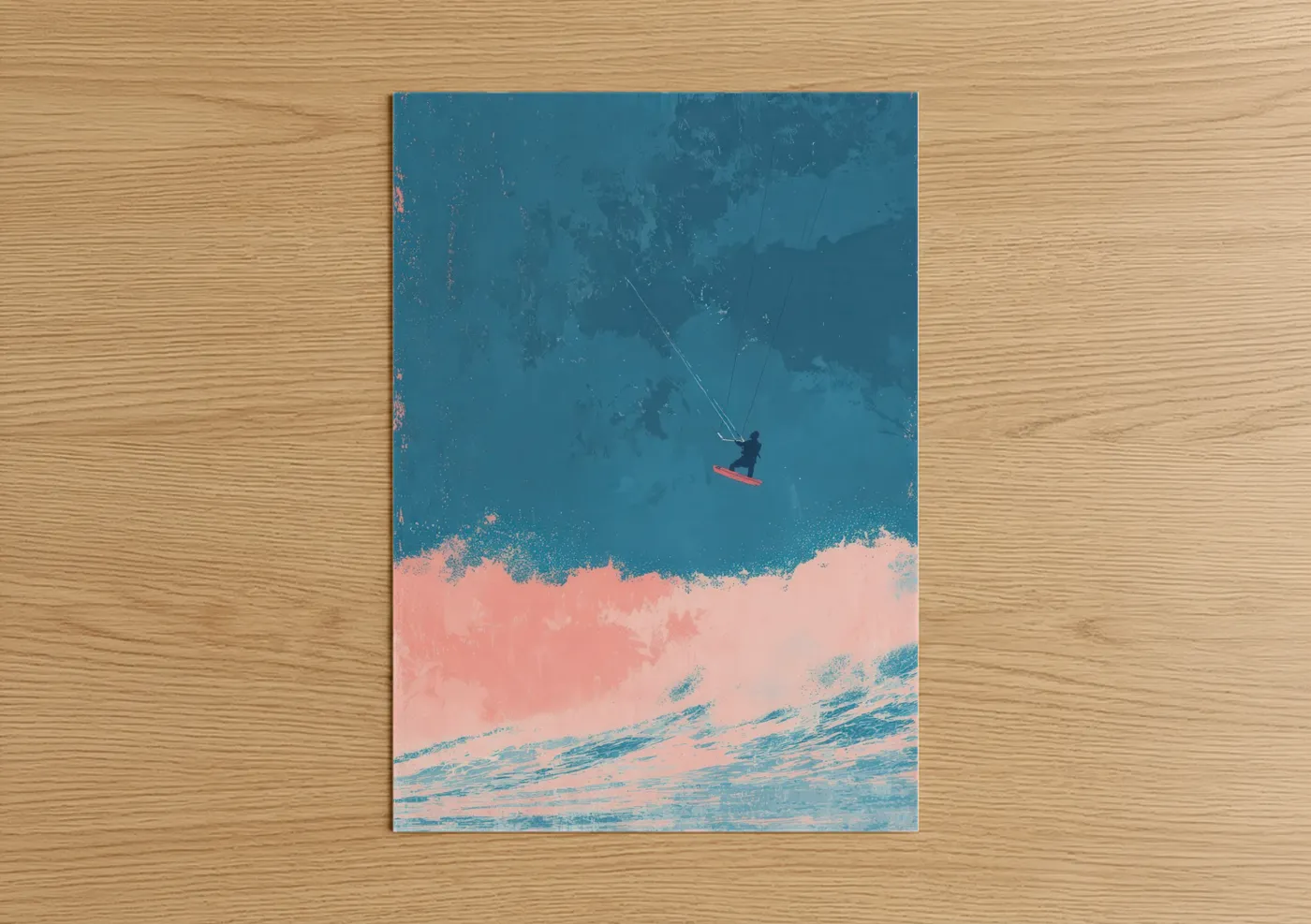 Kite surfing art print on warm oak wood — teal and salmon pink palette — Aerial Kite Surfer poster