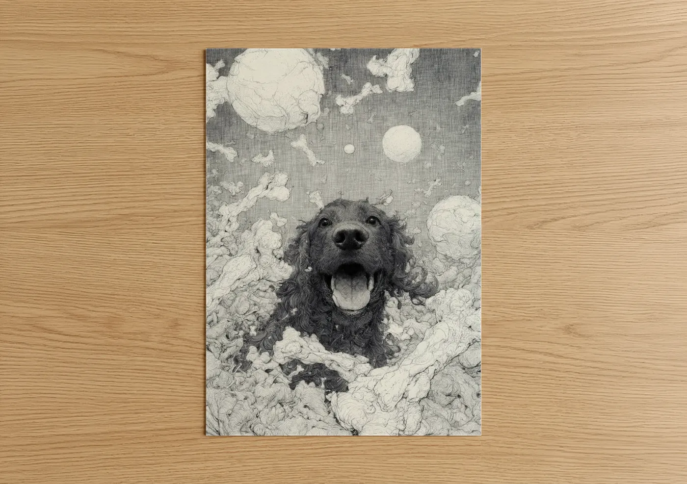 Art print on warm oak wood — black and white and gray palette — Cloud Setter Joy poster
