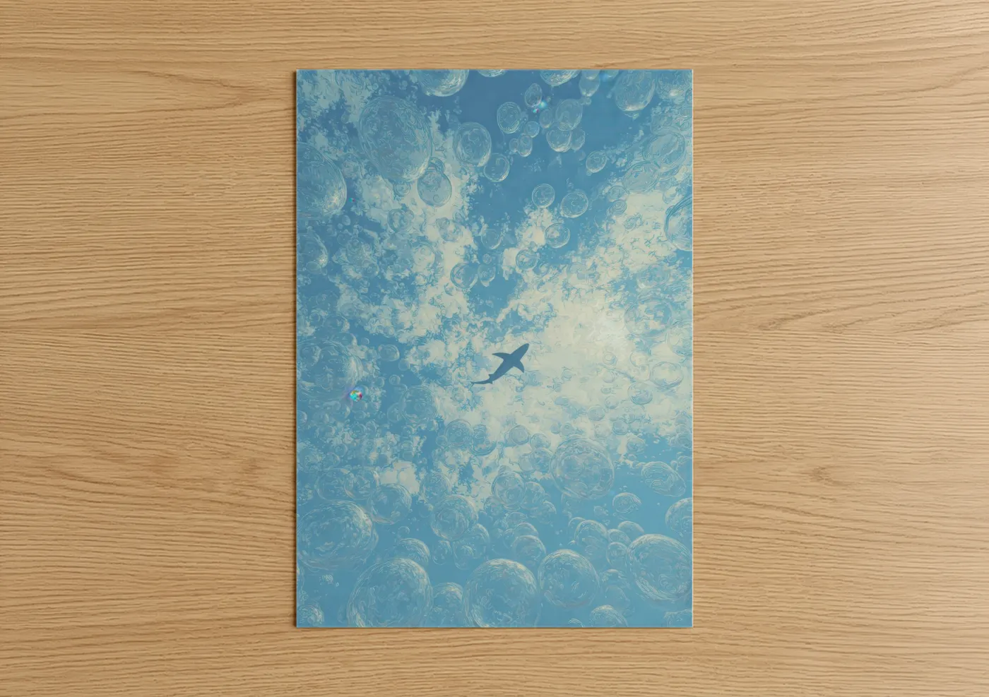 Blue shark art print on warm oak wood — blue and blue and white palette — Azure Shark Descent poster