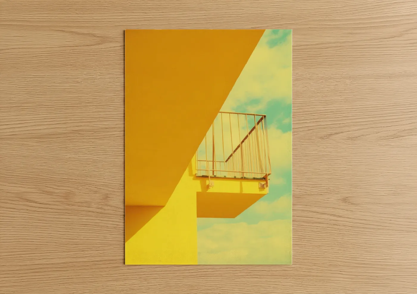 Abstract architecture art print on warm oak wood — yellow gold and teal palette — Golden Balcony poster