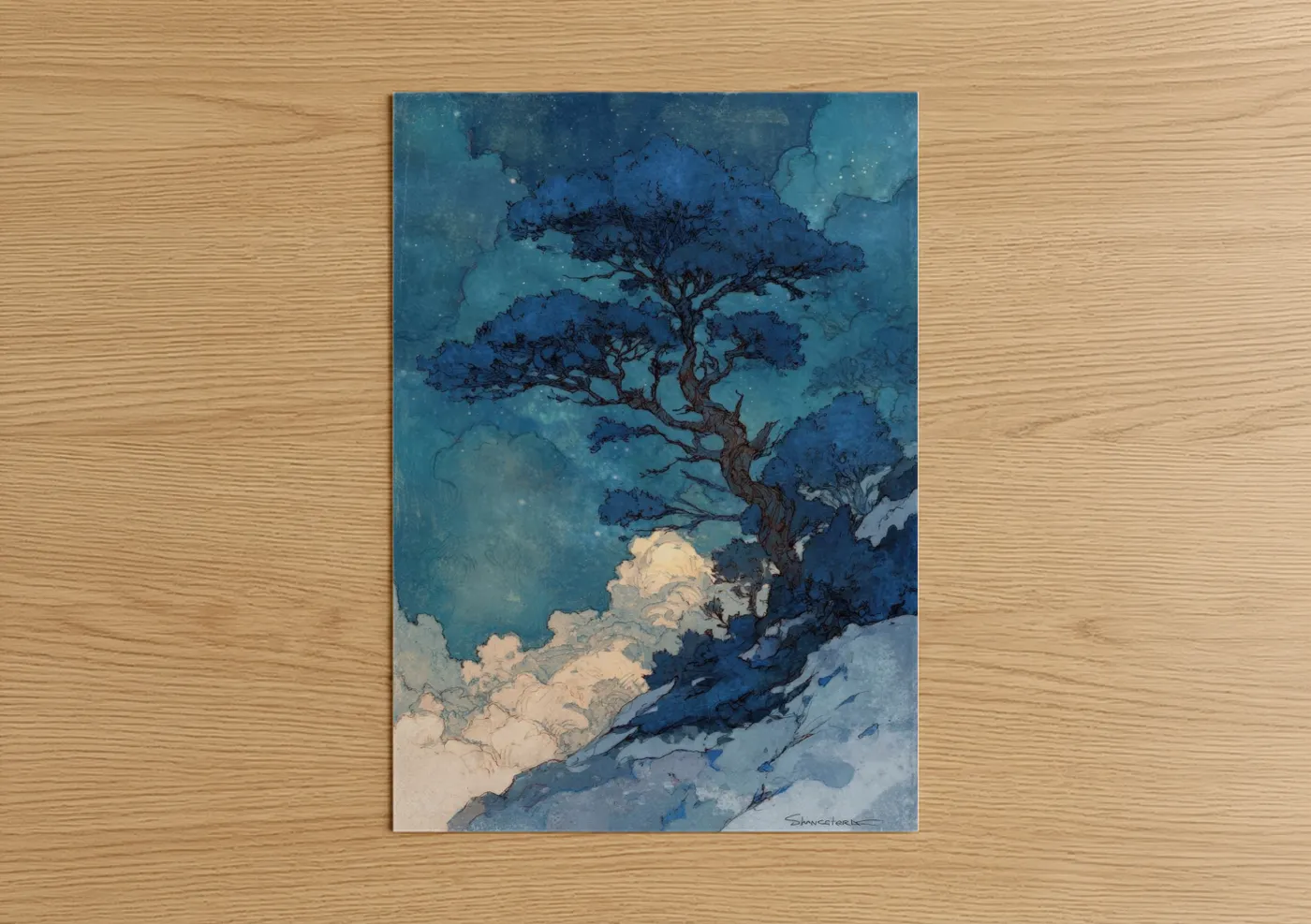 Juniper tree art print on warm oak wood — blue and cream palette — Snowy Juniper poster