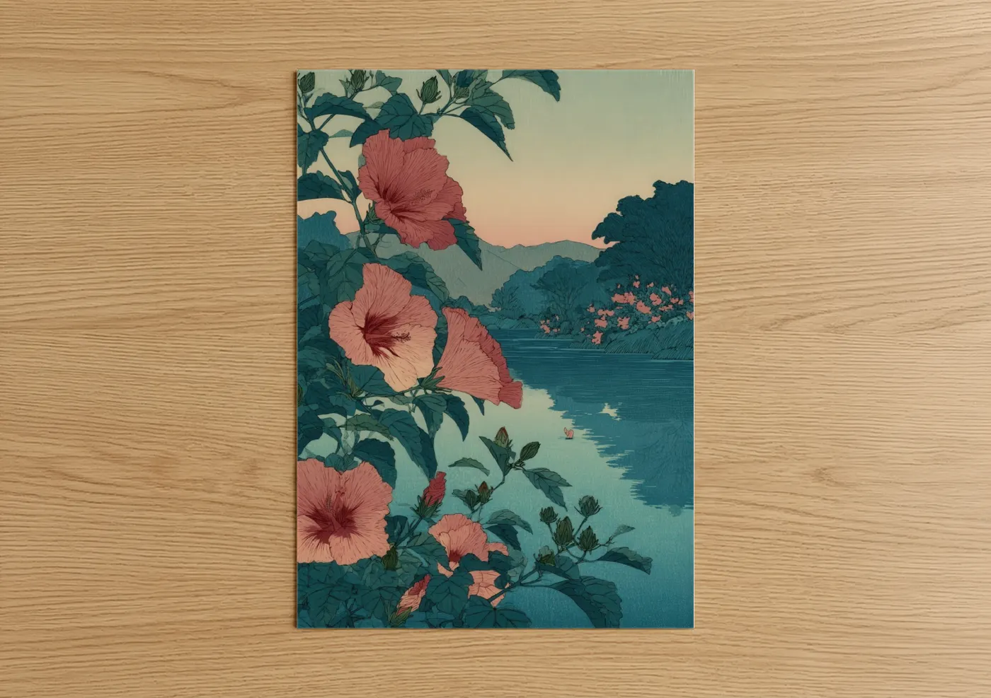 Art print on warm oak wood — blue and salmon pink palette — Lakeside Hibiscus poster