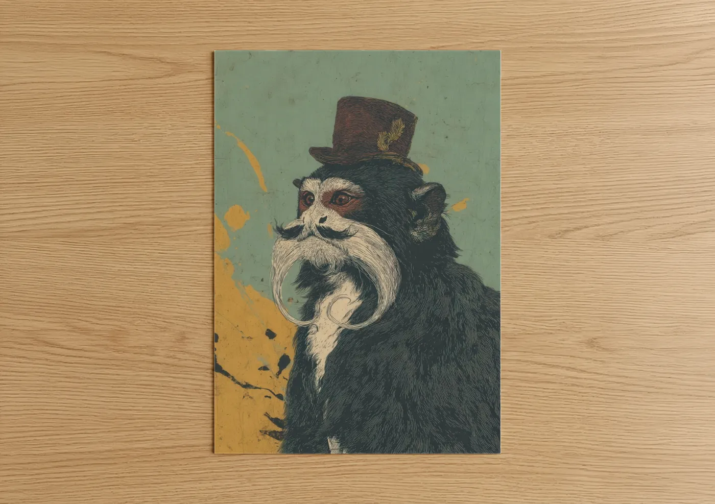 Art print on warm oak wood — sage green and gold palette — Dapper Monkey poster