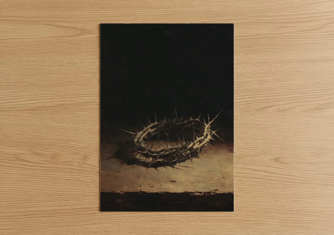 Christian symbols art print on warm oak wood — brown and black and white palette — Crown of Thorns poster