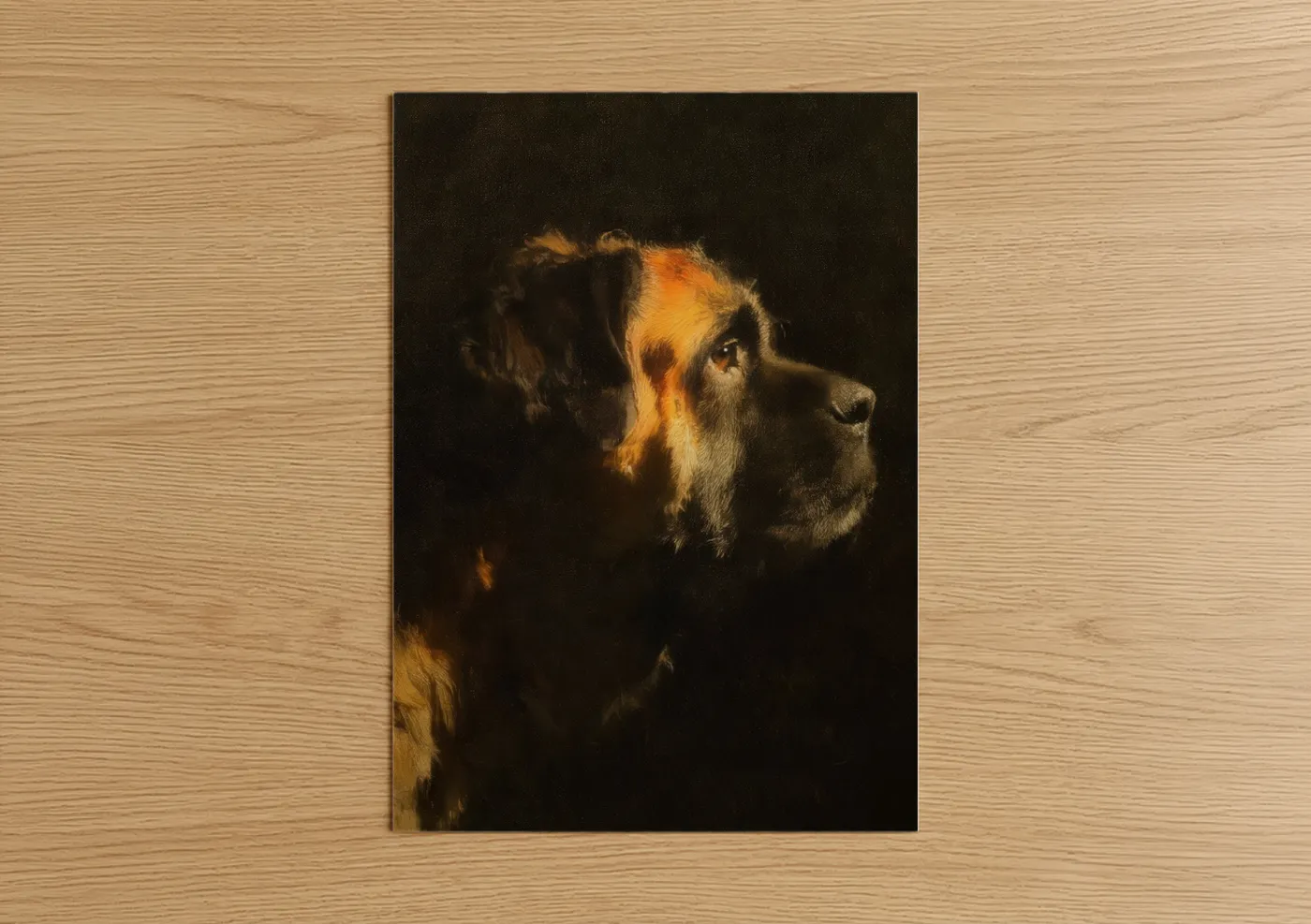 Art print on warm oak wood — gold and black palette — Golden Mastiff poster
