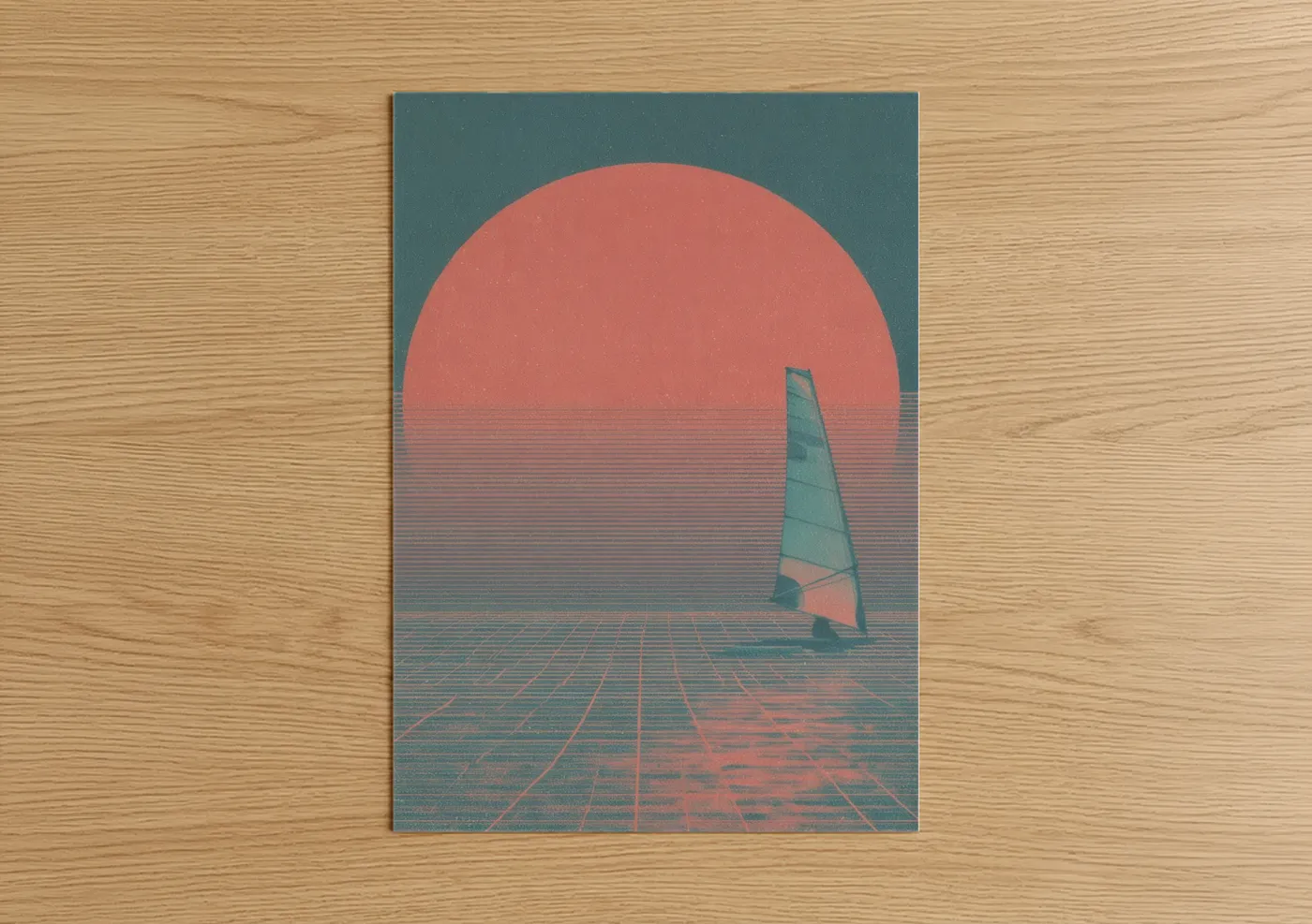 Art print on warm oak wood — teal and salmon pink palette — Sunset Windsurfing poster