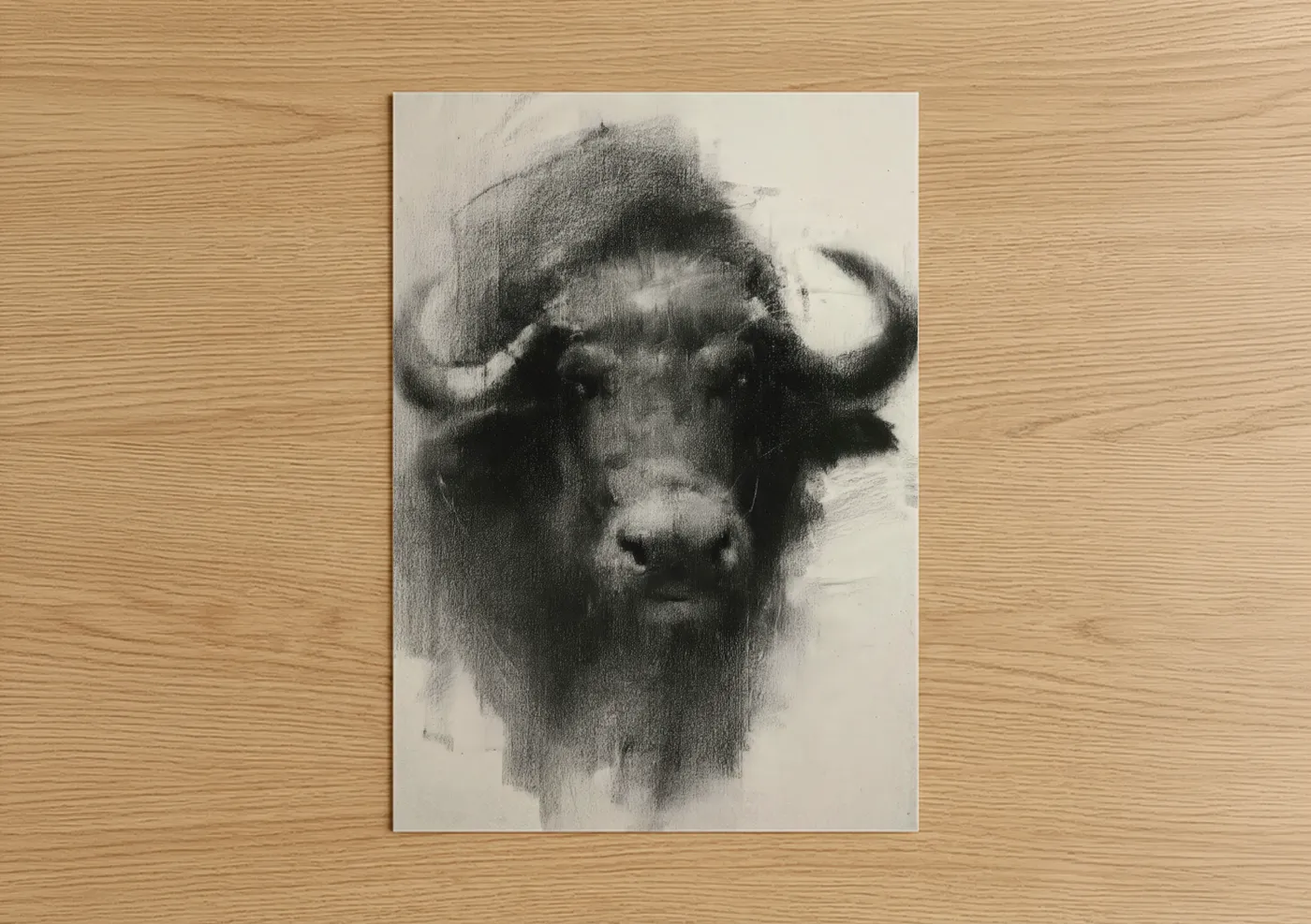 Art print on warm oak wood — black and white and gray palette — Charcoal Bison Portrait poster