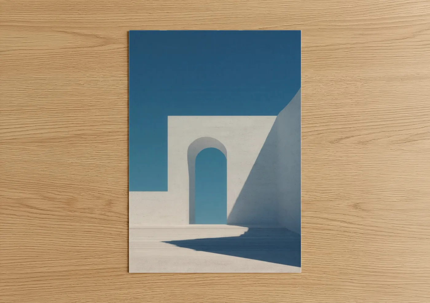 Art print on warm oak wood — blue and white palette — Minimalist Archway poster