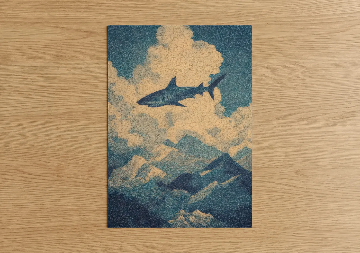 Art print on warm oak wood — blue and gold and cream palette — Clouded Bull Shark poster